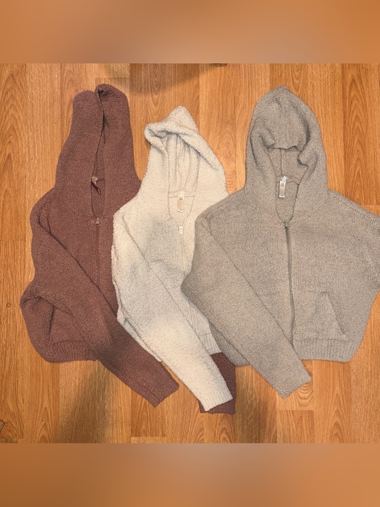 SKIMS Sweaters - SKIMS Cozy Hooded Zip-Up Sweater - Brown, Cream, Gray
